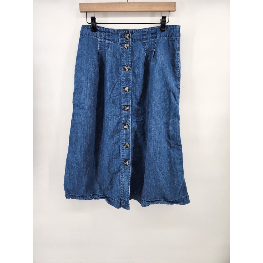 Button Front Denim Midi Skirt Medium Wash Blue M 8-10
